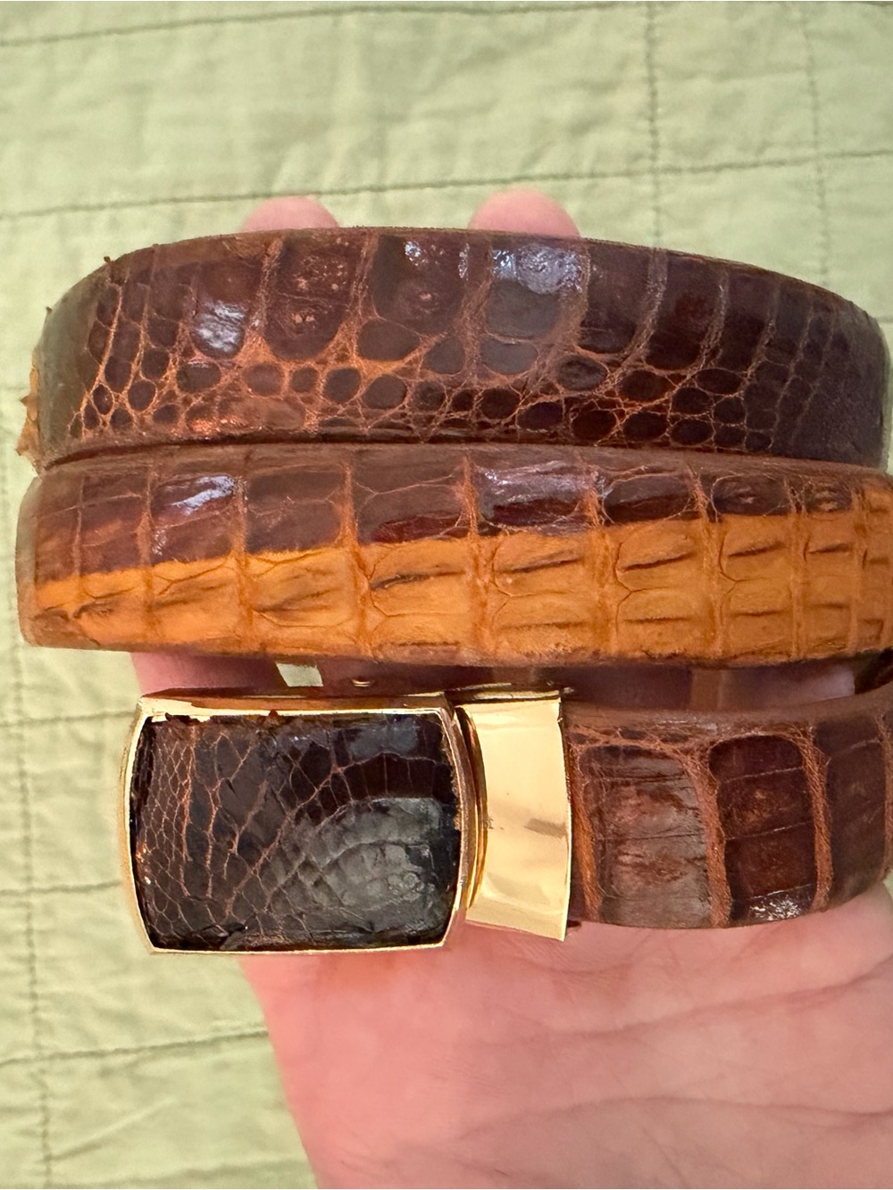 Vintage Crocodile Caiman Look Western Leather Belt Gold Buckle